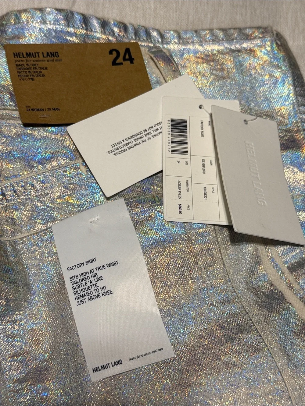 NWT Helmut Lang Silver Metallic Denim Pencil Skirt Size 24